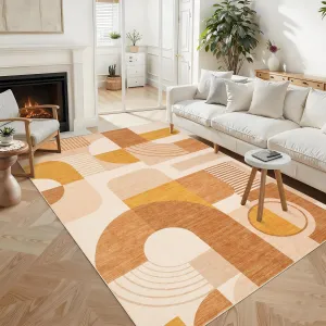 9x12 Area Rug for Living Room - Boho Geometric, Low Pile & Non-Slip, Polyester Material, Machine Washable, Orange Multi, Ideal for Playroom & Dining Room