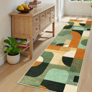 Boho Geometric Runner Rug – Soft Low Pile, Washable, Non-Slip Hallway Carpet for Bedroom, Kitchen, Laundry, Entryway – Abstract Green Design – 2x8ft