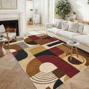 Boho Geometric Living Room Rug 8x10, Soft Low-Pile, Non-Slip Polyester, Washable, Durable for Bedroom Dining Playroom