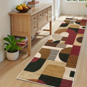 Boho Geometric Runner Rug – Soft Low Pile, Washable, Non-Slip Hallway Carpet for Kitchen, Bedroom, Laundry, Entryway – Burgundy/Brown Multi Red – 2x6ft