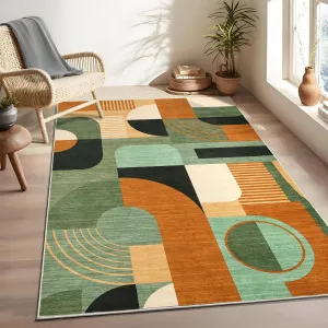 4x6 Washable Boho Geometric Rug for Bedroom & Living Room, Soft Low Pile Polyester, Non-Slip TPR Backing, Durable & Machine Washable, Green Multi