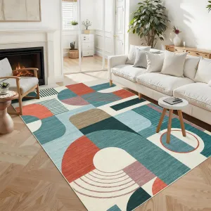 Boho Geometric Area Rug for Living Room, Washable, Low Pile Soft Polyester, Non-Slip TPR Backing, Durable Stain-Resistant, Blue Multi 5'x7'