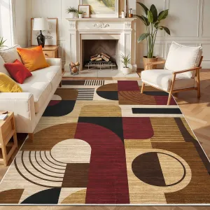 Boho Geometric Area Rug – Soft Low Pile, Washable, Non-Slip Carpet for Bedroom, Living Room, Entryway, Dorm – Modern Burgundy/Brown Accent – 3x5ft, Red