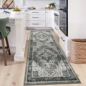 Green Traditional 2x6 Home Decor Rug Bordered Stain Resistant Hallway Runner Rug for Living Room, Soft Short Pile, Washable, Lint-Free
