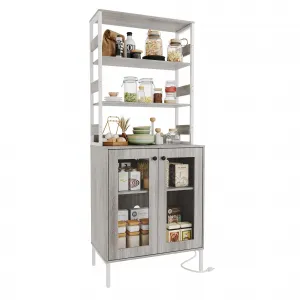 67" Tall Kitchen Pantry Bar Cabinet with Tempered Glass Doors, LED Lights and Power Outlets, Grey