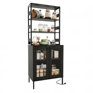 67" Tall Kitchen Pantry Bar Cabinet with Tempered Glass Doors, LED Lights and Power Outlets, Black