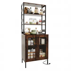 67" Tall Kitchen Pantry Bar Cabinet with Tempered Glass Doors, LED Lights and Power Outlets, Brown