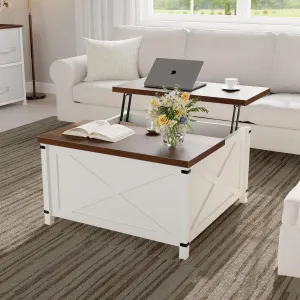 Hydraulic Lift Top Coffee Table with Hidden Storage, Farmhouse Industrial Style Accent Table, Sturdy Wood & Metal Construction, Safe Lift Mechanism, for Living Room Office