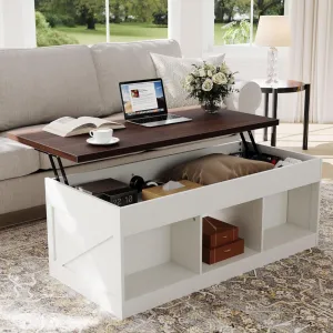 Farmhouse Lift Top Coffee Table with Storage, 2-in-1 Coffee Table with Hidden Compartment & Open Shelf, Rising Top Center Tables for Living Room, Home Office, Brown & White