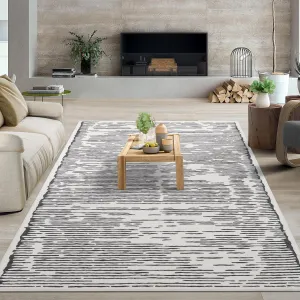 Rugs for Living Room 9x12 Washable Large Low Pile Area Rug Modern Stripe Rug Beige Gray