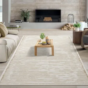 Rugs for Living Room 9x12 Washable Large Low Pile Area Rug Modern Stripe Beige