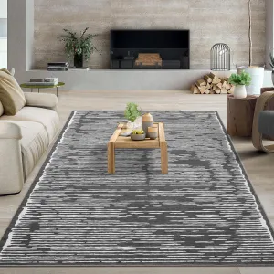 Rugs For Living Room 9x12 Washable Large Low Pile Area Rug Modern Stripe Black Gray