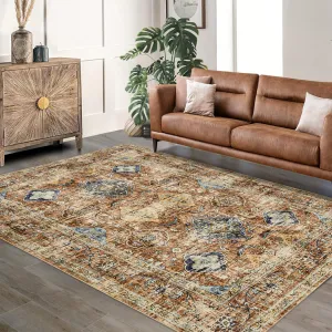 Area Rugs Vintage Oriental Printed Distressed Design Washable Thin Low Pile Rugs for Living Room Bedroom Orange 10x13Ft