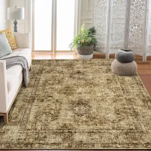 Area Rugs Vintage Oriental Printed Distressed Design Brown 9x12Ft Low Pile Washable Non Slip Soft Carpet for Living Room Bedroom