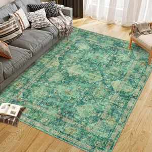 Area Rugs Vintage Oriental Printed Distressed Design Green 8x10Ft Low Pile Washable Non Slip Soft Carpet for Living Room Bedroom