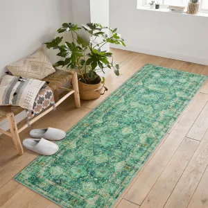 Area Rugs Vintage Oriental Printed Distressed Design Green 2x6Ft Indoor Living Room Bedroom Non Slip Soft Carpet