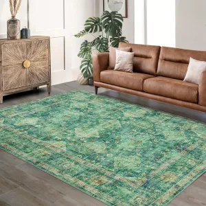 Area Rugs Vintage Oriental Printed Distressed Design Green 10x13Ft Low Pile Washable Soft Carpet for Living Room Bedroom