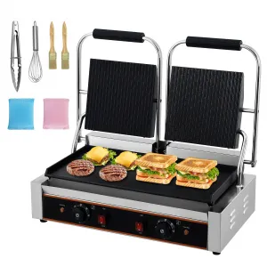 Commercial Panini Press Grill with Grooved and Smooth Plates, 19x9 Inch, Stainless Steel, Countertop Electric Sandwich Maker