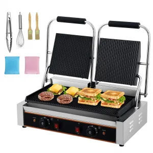 Commercial Panini Press Grill With Grooved Plates, 19x9 Inch Cooking Surface, Adjustable Temp Control, Stainless Steel, Black