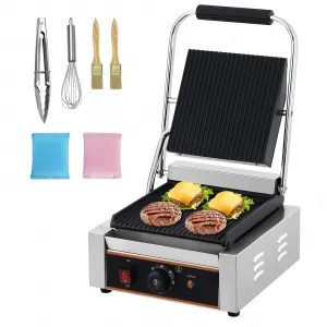 Commercial Panini Press Grill 1800W, Electric Sandwich Maker with 9"x9" Grooved Enamel Plates, Adjustable Temp Control, Stainless Steel, Countertop, 120V