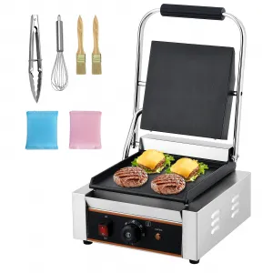 Commercial Panini Grill, 1800W Electric Sandwich Maker, Stainless Steel, Temp Control, 9x9 Cooking Surface, Silver