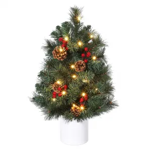 2 FT Mini Pre-Lit Christmas Tree with Warm White Lights, Red Berries & Pine Cones, PVC Material, No Assembly, Cement Base, Ideal for Apartments & Offices