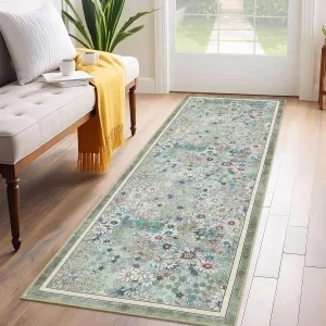 2'x6' Runner Rug Non Slip Washable Floral Carpet for Hallways Kitchen Laundry Bedroom Bathroom Green