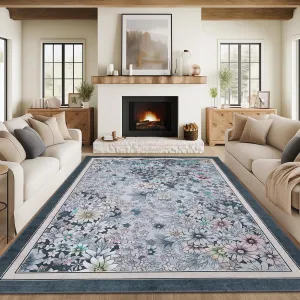 Machine Washable Rug 5x7 Non Slip Boho Area Rug Floral Vintage Low Pile Gray Blue for Living Room Bedroom Dining Room Kids Playroom