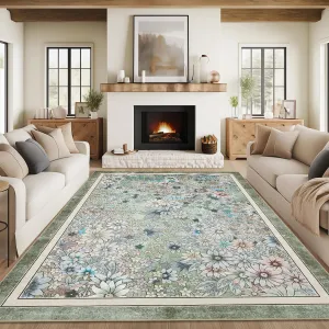 Washable 10x13 Area Rugs Boho Floral Vintage Low Pile Non Slip Large Rug Green for Living Room Bedroom Dining Room Kids Playroom