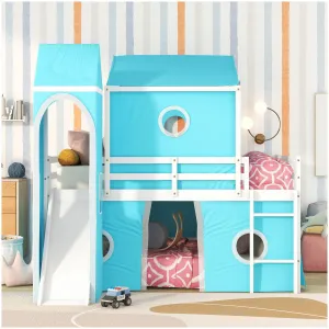 Full Size Loft Bed with Slide, Tent, and Tower - Solid Pine Wood Kids and Teens Bedroom Furniture, 93.8"L x 41.9"W x 74.8"H, Natural Wood Color