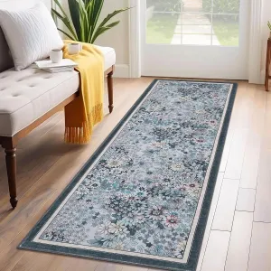 2'x6' Runner Rug Non Slip Washable Floral Carpet for Hallways Kitchen Bedroom Gray Blue
