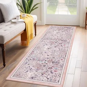 2'x6' Runner Rug Non Slip Washable Soft Floral Carpet for Hallways Kitchen Light Pink