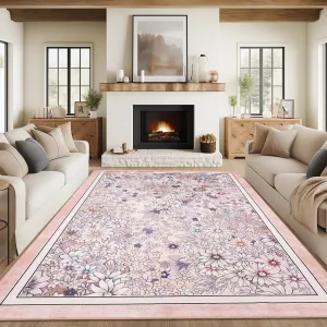 Washable 9x12 Area Rugs Non Slip Boho Floral Vintage Low Pile Large Rug Light Pink for Living Room Bedroom Farmhouse Dining Room Kids Playroom