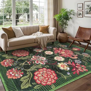 Floral Area Rug 10x13 Low Pile Soft Non Slip Stain Resistant Botanical Print Vintage Green Living Room Bedroom Dining Office