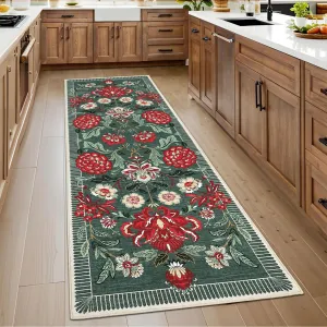 Indoor Washable Low Pile Runner Rug Grey Green Modern Printed Soft Non Slip Foldable Portable Living Room Bedroom