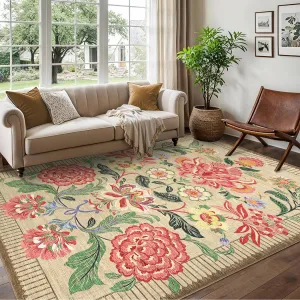Floral Area Rug 9x12 Non-Slip Stain Resistant Ultra Thin Low Pile Soft Durable Botanical Print Living Room Bedroom Dining Office