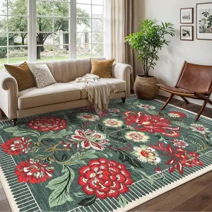Floral Area Rug 5x7 Ultra Thin Soft Botanical Print Non Slip Stain Resistant Hypoallergenic Machine Washable Living Room