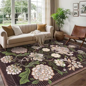 Floral Area Rug 8x10 Large Low Pile Washable Non-Slip TPE Rubber Backing Soft Hypoallergenic Indoor Living Room Bedroom Dining