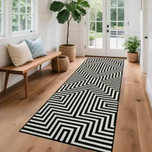 Kitchen Runner Rug 2x6 Washable Non Slip Modern Geometric Black Area Rug Low Pile Striped Bathroom Carpet Foldable Floor Mats for Bedroom Kitchen Entryway