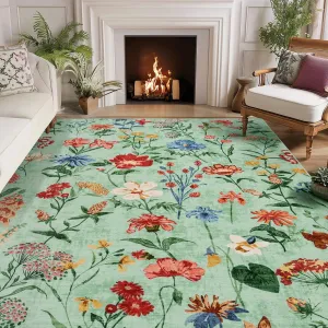 8x10 Floral Area Rug Washable Low Pile Non Slip Vintage Carpet for Living Room Bedroom Kitchen Dining Room Office Light Green