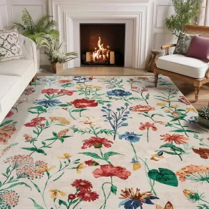 8x10 Floral Area Rug Washable Low Pile Non Slip Vintage Carpet for Living Room Bedroom Kitchen Beige