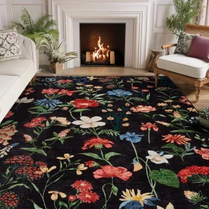 8x10 Floral Washable Area Rug, Low Pile Non Slip Vintage Carpet for Living Room, Bedroom, Kitchen, Black