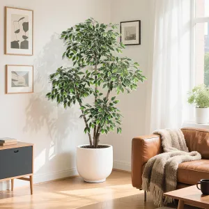 6ft Artificial Ficus Tree, Tall Faux Floor Plant with White Tall Planter, Indoor Fake Plants with 4 Natural Trunks & White-Edged Leaves, Faux Greenery Tree for Home Garden Decor