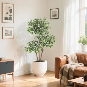 5ft Artificial Ficus Tree, Tall Faux Floor Plant with White Tall Planter, Indoor Fake Plants with 3 Natural Trunks & White-Edged Leaves, Faux Greenery Tree for Home Garden Decor