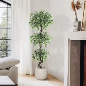 6ft Artificial Ficus Tree, Faux Floor Plant with 1300+ Silk Leaves & Gnarly Trunk, Ceramic Planter with Pebbles & Moss, Lifelike Fake Ficus Tree for Indoor Outdoor Home Office Decor