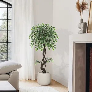 4ft Artificial Ficus Tree, Faux Floor Tree with White Imitation Ceramic Planter, Outdoor Lifelike Fake Ficus Tree with Pebbles & Green Fake Moss for Office Home Decor