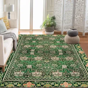 Area Rug Machine Washable Vintage Floral Carpet Non-Slip Low Pile for Living Room Bedroom 10x13Ft Green