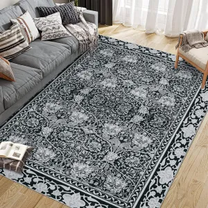 Area Rug Vintage Floral Carpet Machine Washable Non-Slip Low Pile Grey 5x7Ft for Living Room Bedroom