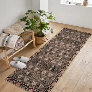 Area Rug Vintage Floral Carpet Machine Washable Non-Slip Low Pile Brown 2x6Ft for Living Room Bedroom Laundry Dining Farmhouse