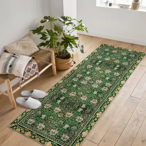 Area Rug Vintage Floral Carpet Machine Washable Non-Slip Low Pile for Living Room Bedroom 2x6Ft Green